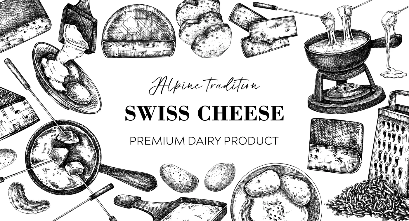 Swiss cheese hand drawn vector illustration. Vintage food background. Fondue and raclette sketches. Perfect restaurant menu, packaging, or prints. NOT AI generated Illustration
